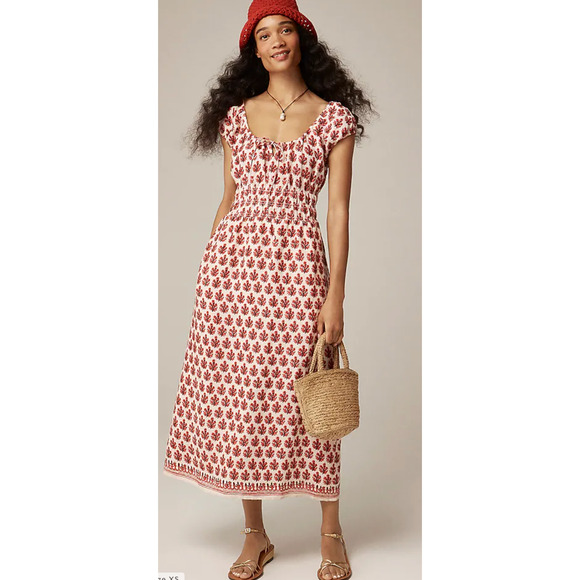 J. Crew Dresses & Skirts - J.Crew Cap-sleeve midi dress in block print linen blend in warm sesame red NWT
